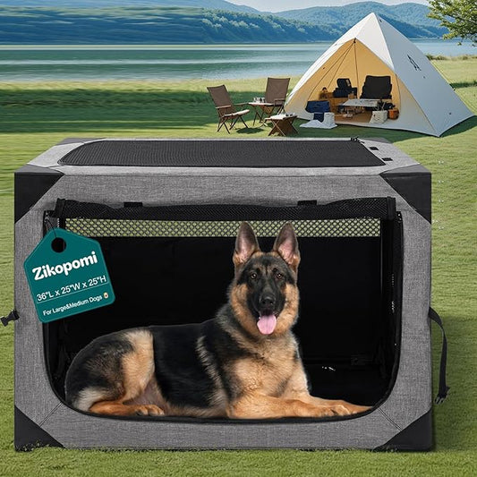 Zikopomi 30 Inch Portable Travel Dog Crate, 3 Door Collapsible Soft Pet Kennel with Durable Mesh Windows for Small and Medium Dogs, Foldable Dog Cage with Storage Pocket for Outdoor (Dark Grey)