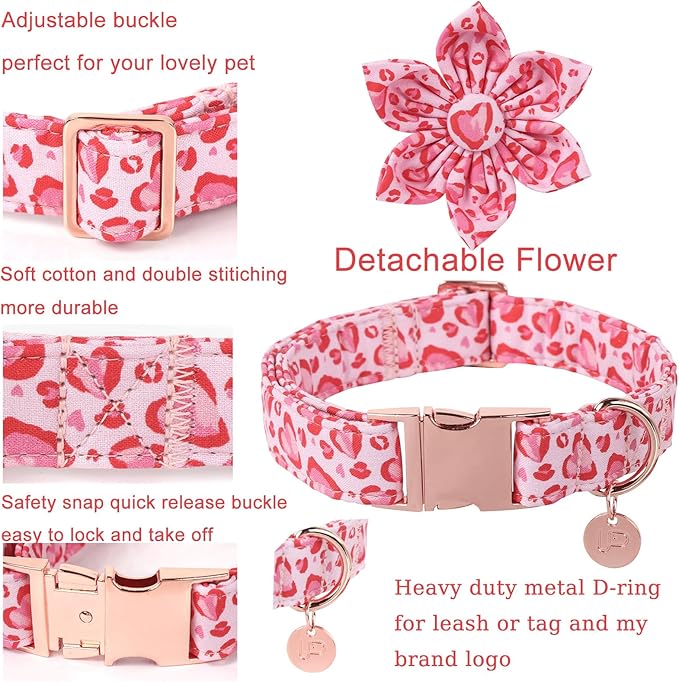 Valentine Dog Collar with Flower, Heart Flower Collar for Puppy Girl Boy Dog or Cat, Comfortable Dog Collar Flower with Durable Metal Buckle, Cute Pet Collar, M, Neck 13.5-22in