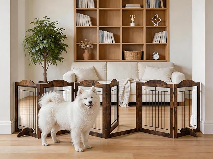 Vantas Folding No-Assembly Dog Door Pet Gate 144" Wide, 30" Tall Wooden Dog Gate with Door Walk Through, Freestanding Wire Pet Gate, Pet Puppy Safety Fence, with 2PCS Support - Rustic Brown