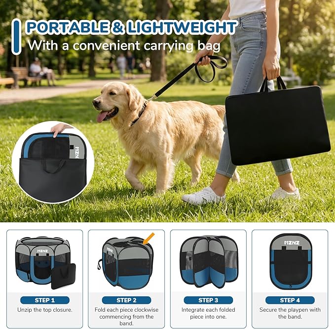 Dog Cat Playpen, Portable Small Animal Playpen Crate Indoor for Dogs Cats Rabbits, Foldable Guinea Pigs Bunny Cage Enclosure Outdoor, Pop Up Dogs Cats Tent Kennel with Carrying Case, Grey Blue