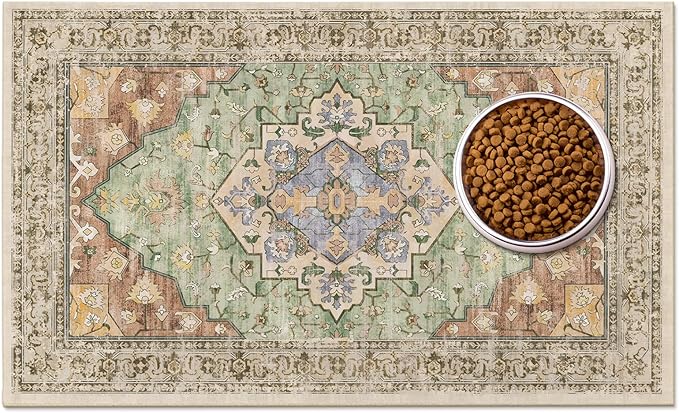 Boho Dog Feeding Mat, Absorbent Cat Matt for Food, Non Slip Pet Water Bowl Placemat Small for Floor, Olive Green & Rust & Bright Blue Indoor Dog Eating Dish Mat 12"x20"
