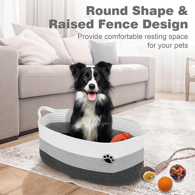 Optish Dog Toy Basket, Toy Storage Box and Bin with Handles, 19.7" X 11" X 7.9" (30L) Large Woven Rope Basket for Blankets, Living Room, Bedroom, White & Grey