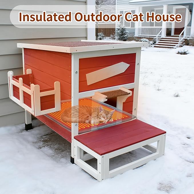 Rockever Heated Cat House for Outside Cats in Winter, Large Heated Cat Houses with Heating Pad, Wooden Outside Cat Shelter Weatherproof with Escape Door(Red)