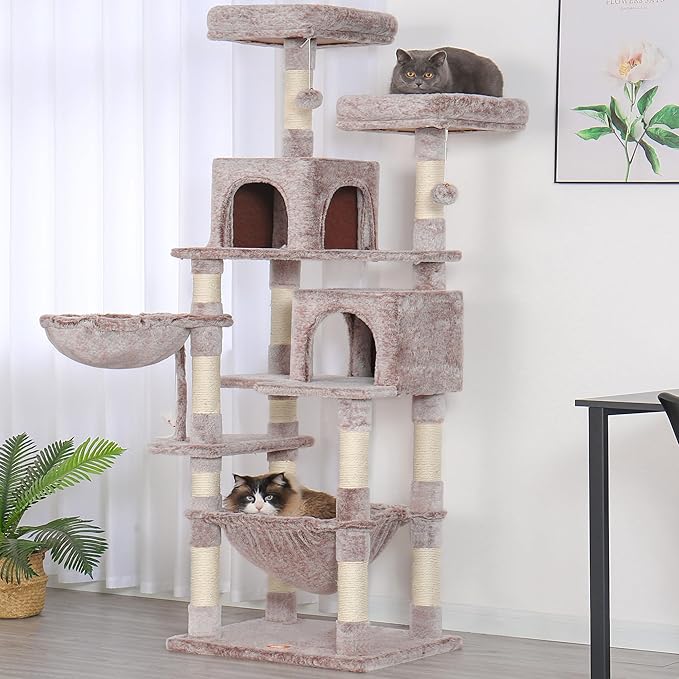 Heybly Cat Tree, 70 inches Tall Cat Tower condo with Toy for Indoor Large Cats, Cat House Furniture with Padded Plush Perch, Cozy Hammock and Sisal Scratching Posts,Muchroom HCT032MU