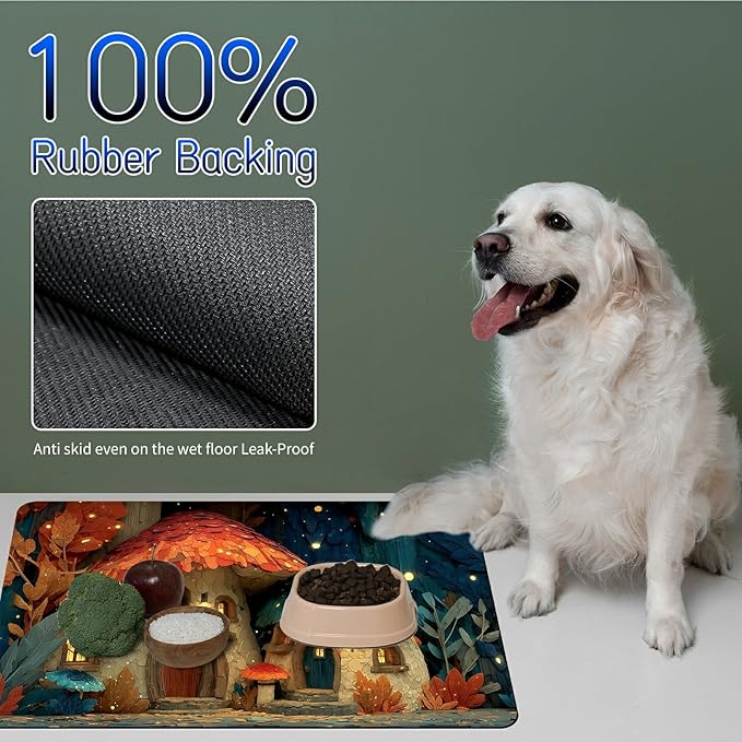Dog Food Mat, 15.7" x 23.6" Absorbent Pet Feeding Mat for Food and Water, Waterproof Diatom Mud Pet Placemat with Non-Slip Rubber Backing, Easy Clean Cat Bowl Mat for Floors - Mushroom Leaves