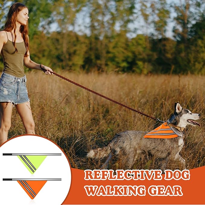 Huhumy 2 Pcs Reflective Dog Bandana with Neon Orange Green Color High Visibility Reflective Dog Scarf Safety Gear Hook and Loop Tape Triangle Bib Accessories for Hunting Walking Camping