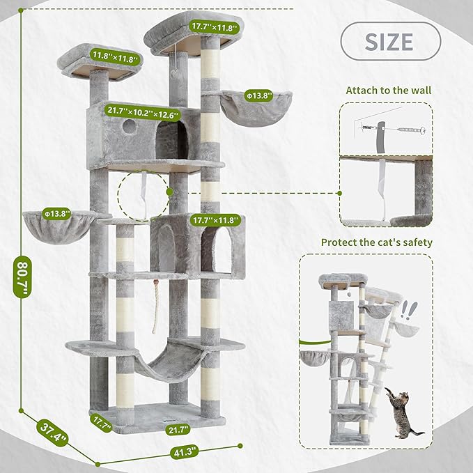 Gitelsnour Tall Cat Tree, Large Cat Tower for Adult Cats, 80.7'' (205cm) Heavy-Duty Cat Tree House for Indoor Cats 20 lbs+ with Scratching Posts, 2 Top Perches/Condos, Hammcok, Light Gray GCT034W