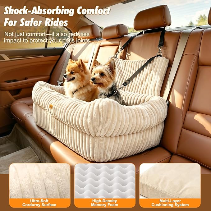 Pawaboo Dog Car Seat, Dog Booster Car Seats with Memory Foam, Thickened Cushion & Washable Removable Cover, Pet Travel Carseat Bed with Safety Leashes for Medium/Large Dogs or 2 Small Dogs, Beige