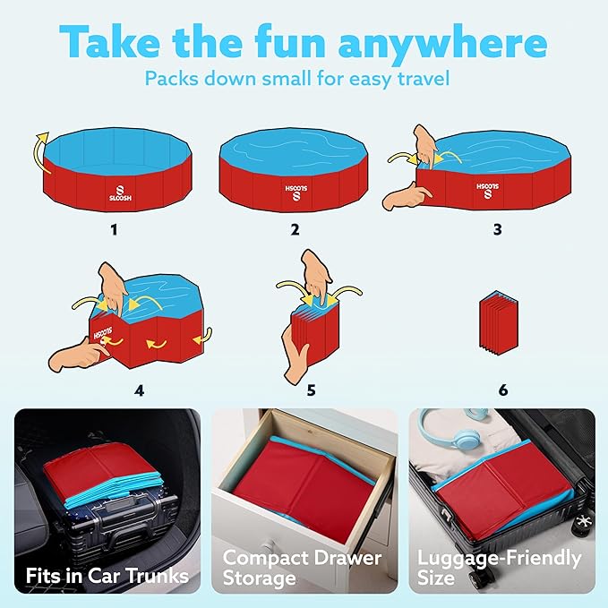Sloosh Foldable Dog Kiddie Pool - Portable Hard Plastic Doggie Swimming Pool, Anti-Slip Collapsible Pets Bath Tub Suitable for Kids Toddler Indoor Outdoor Backyard Use (Red, 32" x 8")