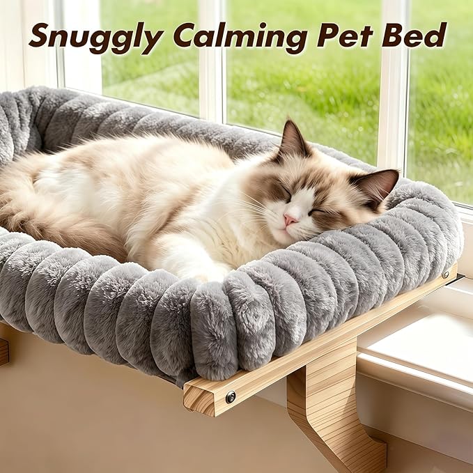 Zoratoo Cloud-Cuddle Cat Perch for Window Sill with Bolster, Natural Wood & Metal Frame Cat Window Seat for Large Cats, Easy to Adjust Zipper Cushion Pet Bed for Windowsill (Large, Gray)