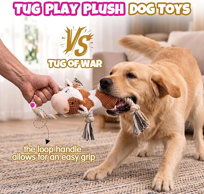Squeaky Dog Toy Set - 2-Pack Crinkle No Stuffing Plush Dog Toys with Rope for Small to Large Dogs, Interactive Toys for Tug Play