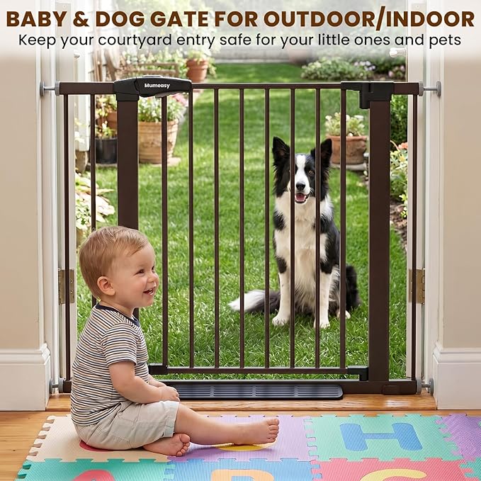 Mumeasy 29.7-40.6" Baby Gate for Stairs, Auto Close Dog Gate for Doorways, Pressure Mounted No Drill Pet Gate with Easy Walk Thru Door, Double Lock, Brown