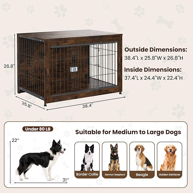 Wooden Dog Crate Furniture, 38in Dog Cage Furniture with Slide Safety Latch, Indoor Decorative End Table for High Anxiety Dogs, Furniture Style Dog Crate for Medium to Large Dogs, Aged Black