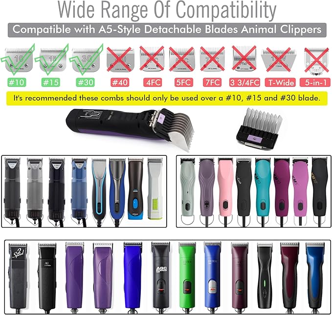 Professional A5-Style Animal Clipper Stainless Steel Color-Coded Snap-on Attachment Guard Guide Comb, 1/8"-1" Compatible with Wahl KM Series Oster A5 Andis Detachable Blade Pet Dog Groomers (#8-1")