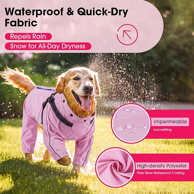 Lelepet Large Dog Raincoat, Rain Jacket Dog with Harness, Waterproof Reflective Coat with Adjustable Detachable Hood, Elastic Waist Zipper Hook and Loop Pet Raincoats, Pink, XXL