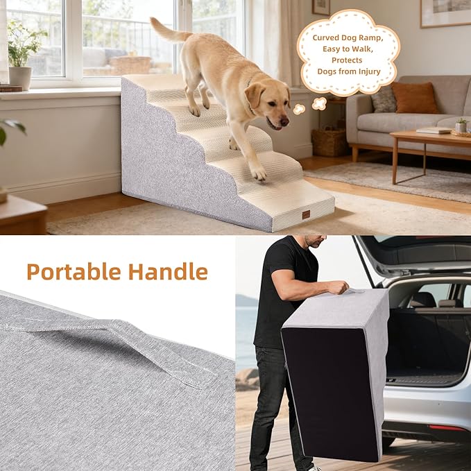 Dog Stairs for Small Dogs and Cats, 22.6" H, 5-Step Curved Pet Ramp for High Bed, Non-Slip Medium Pet Steps with High Density Foam, Beige