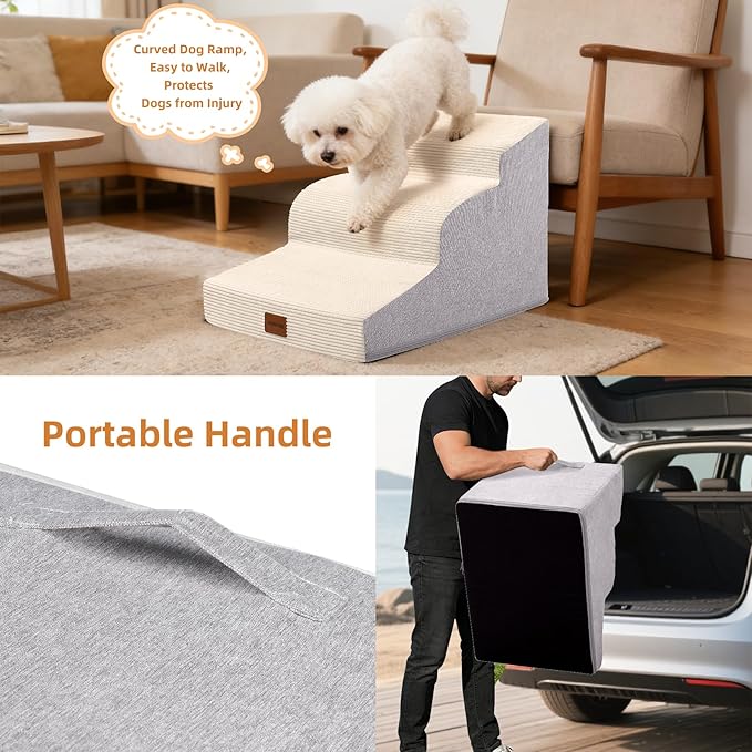 Dog Stairs for Small Dogs and Cats, 15.7" H, 3-Step Curved Pet Ramp for Couch Sofa and Chair, Non-Slip Medium Pet Steps with High Density Foam, Beige