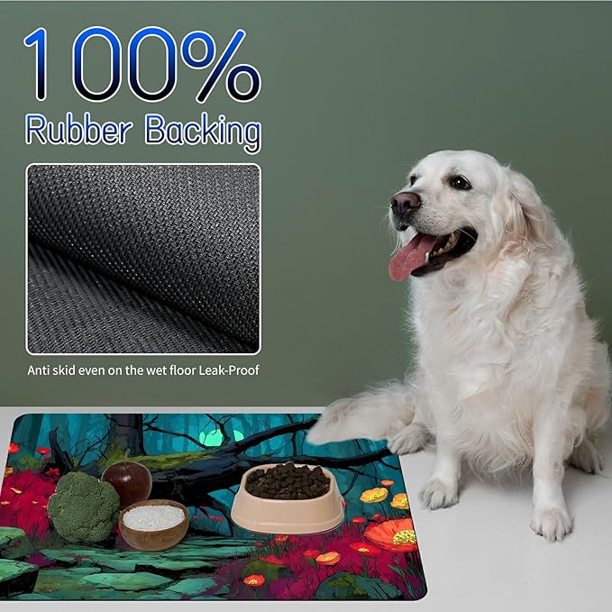 Dog Food Mat, 15.7" x 23.6" Absorbent Pet Feeding Mat for Food and Water, Waterproof Diatom Mud Pet Placemat with Non-Slip Rubber Backing, Cat Bowl Mat for Floors - Red Flower Branches