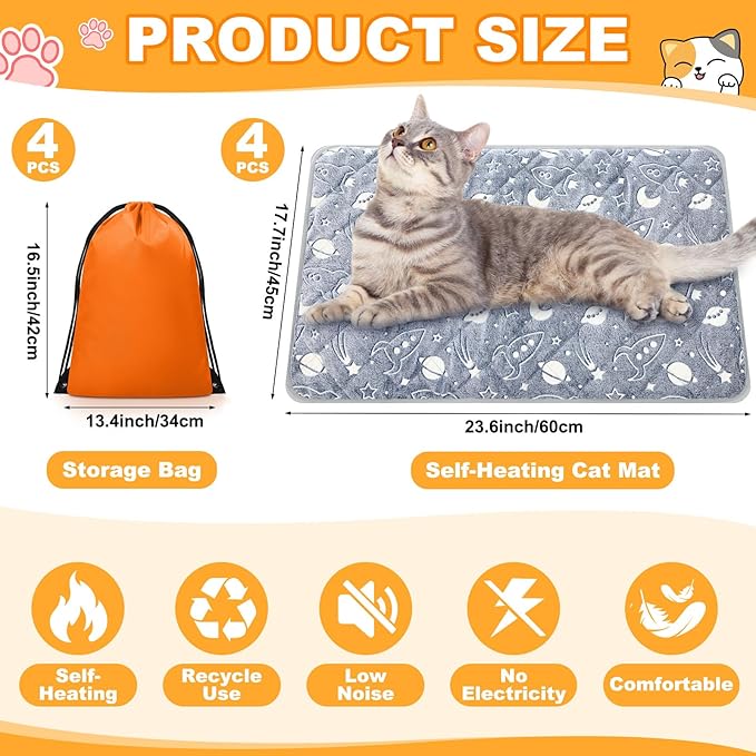 Riakrum 4 Pack Self Warming Cat Mat Heating Cat Bed 24" x 18" Thermal Dog Self Warming Pad Pet Heating Pad Non Slip Bottom Washable with Storage Bag for Indoor Outdoor Kitten Pet (18 x 24 Inches (S))