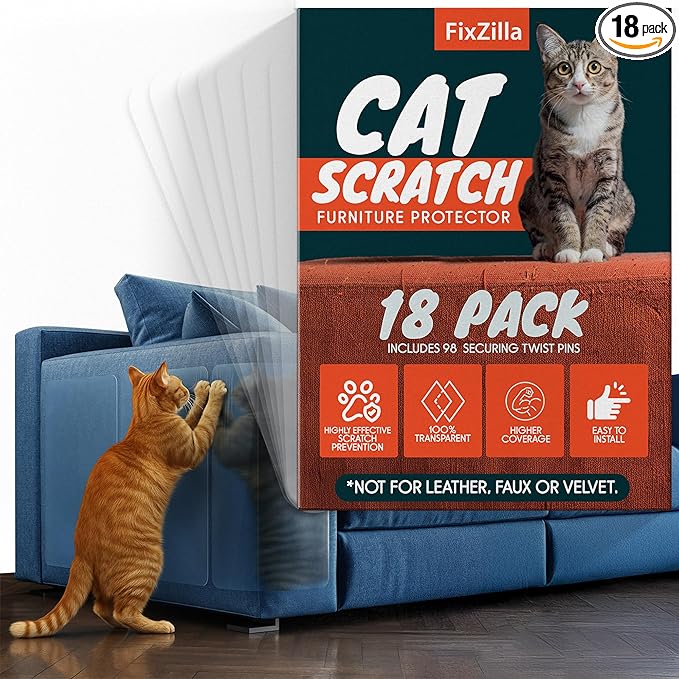 FixZilla Anti Cat Scratch Furniture Protector, 18-Pack Couch Protector from Cat Claws – Heavy-Duty, Easy-to-Apply Scratching Deterrent and Shield for Sofa Corners, Walls, Doors- with 98 Twist Pins