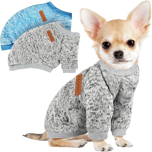 2 Pack Dog Sweaters for Small Dogs Girl Boy Winter Fleece Clothes Warm Soft Dog Sweatshirt Outfit for Dogs Cats Pet Apparel (Grey+Light Blue, M (Back: 13.7",Chest: 17.7", 10-14Ibs))