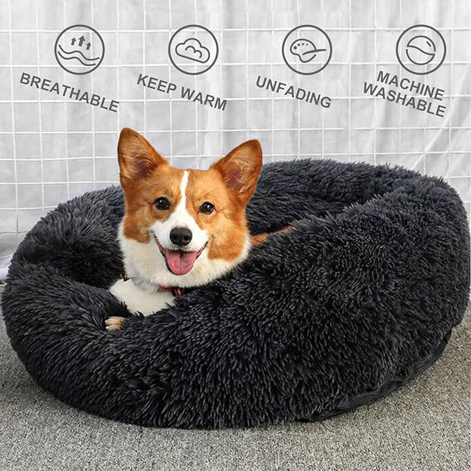 Patas Lague Calming Dog Bed for Large Dogs, Fluffy Soft Cozy Cat Bed, Faux Fur Anti-Anxiety Plush Washable Pet Donut Cuddler for All Seasons 36IN, Black