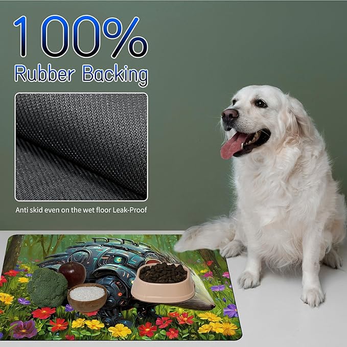 Dog Food Mat, 19.6" x 23.6" Absorbent Pet Feeding Mat for Food and Water, Waterproof Diatom Mud Pet Placemat with Non-Slip Rubber Backing, Cat Bowl Mat for Floors - Mouse Flower Forest