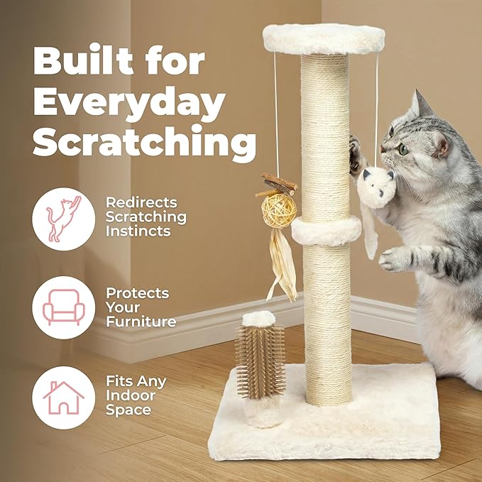 Best Pet Supplies Catify Cat Scratcher, Fun Interactive Scratchers, Posts, Poles, Claw Safe, Furniture Saver Indoor Play Support Natural Cat Behaviors Heavy Duty - Beige Scratching Post - H: 33"