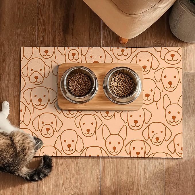 HOMETITUTE Adorable Cute Dog Faces Pattern Pets Food Mat Spill-Proof Pets Feeding Mats Cats Food and Water Bowl Pet Easy Clean Fast Dry Pet Mats for Foods and Water Mat for Cat Dogs 20" x 12"