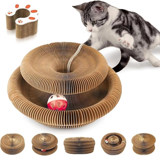 Magnetic Cat Scratcher Cardboard, Foldable Collapsible Cat Scratch Pad with Ball Track & Bell, Reversible Honeycomb Corrugated Cat Toy for Indoor Kitten & Small-Medium Cats Paw