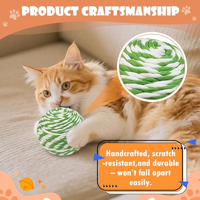 3.94 inch Sisal Cat Ball Toy, Interactive Natural Cat Scratching Ball, Perfect Scratcher for Cats' Exercise and Fun (White and Green Stripes)