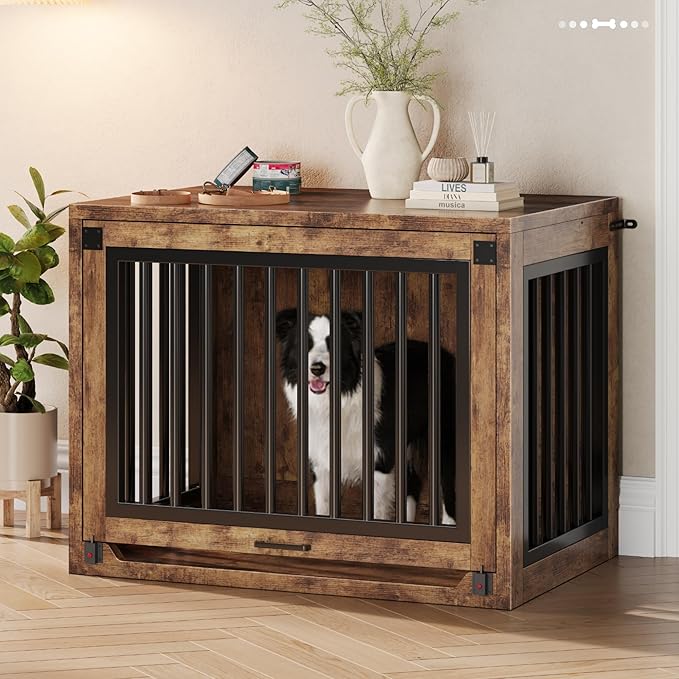 Jocoevol Dog Crate Furniture - 35'' Wooden Dog Kennel for Dogs up to 50 lb, Medium Dog Crate with Hidden Sliding Door, Heavy Duty Dog Cage with Safety Latch and Quiet Pads, Rustic Brown