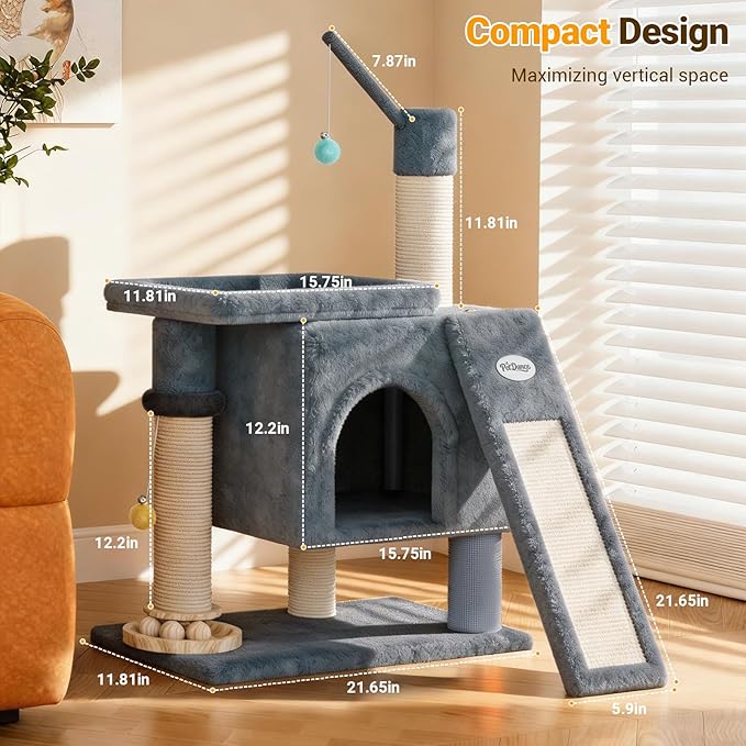 【Scratch & Playhouse】 PetDance Small Cat Tree Tower with Scratching Posts【100% Natural Sisal】, Wood Track Ball Toy & Self-Grooming Brush for Bored Indoor Cats, Mist Blue