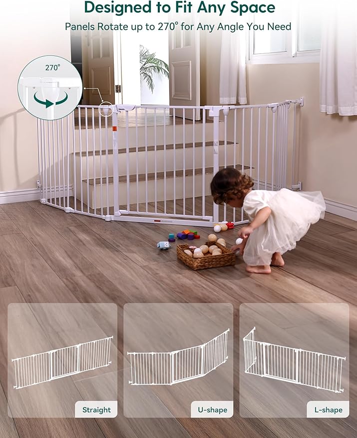 Babelio 104" Extra Wide Baby Gate, 30” Tall Auto Close Dog Fence for Stairs Doorways Fireplace, Hardware Mounted Pet Gate Indoor, Foldable 5 Metal Panels, AdaptiZone Series, White