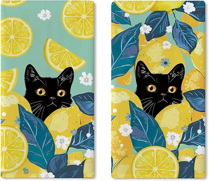 Black Cat Lemon Kitchen Dish Towels Set of 2, Spring Summer Citrus Fruit Drying Hand Towel Baking Cooking Cloth Pet Owner Lover Gifts, Floral Farmhouse Bathroom Home Decoration 18'' x 26''