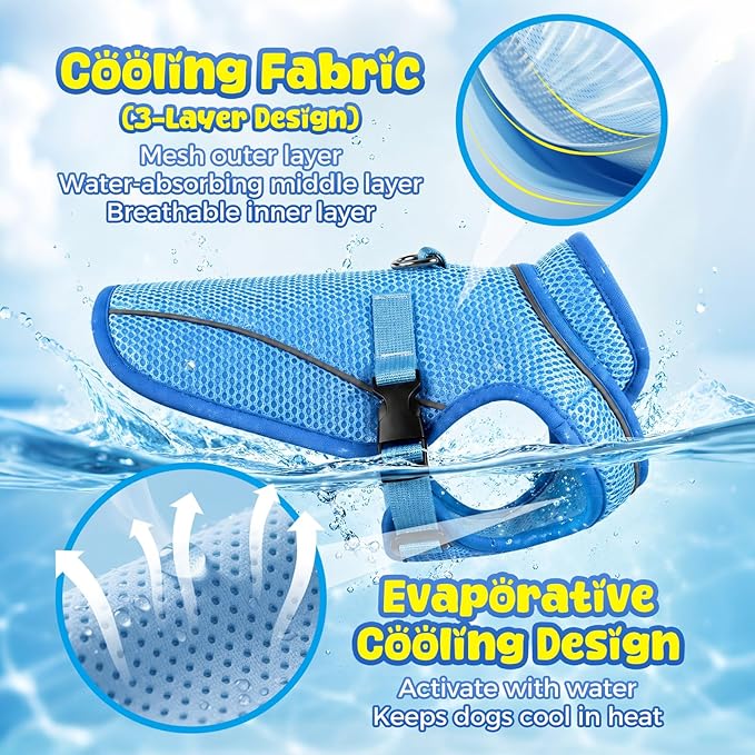 Dog Cooling Vest, Evaporative Cooling Dog Jacket with UV Protection, Lightweight Breathable Mesh Dog Cooling Shirt, Summer Heat Relief Gear with Adjustable Buckles for Hot Weather Walking & Hiking