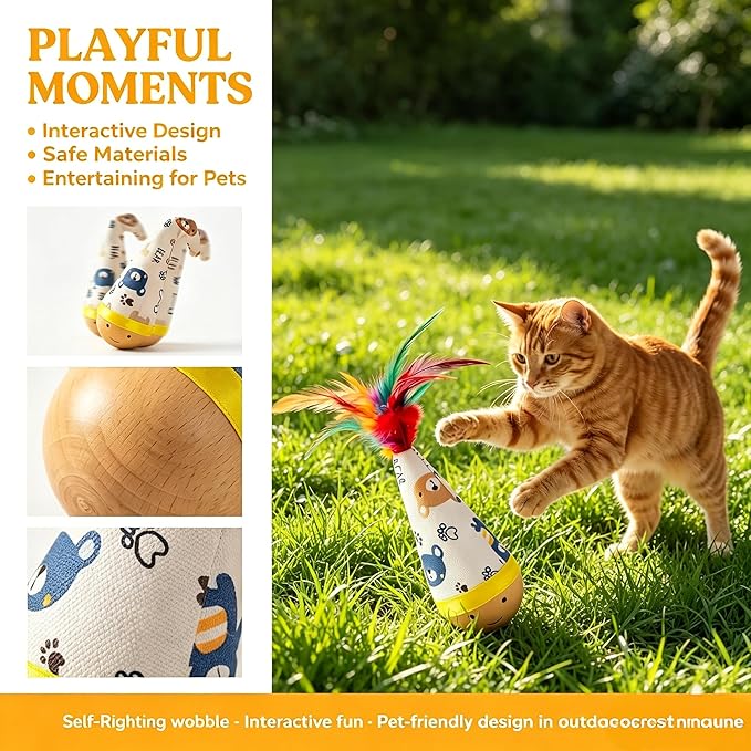 Natural Beechwood Cat Toy, 2-Pack Weeble Wobble Tumbler Toy for Indoor Cats & Small Dogs, Self-Righting Interactive Toy with Colorful Feathers, Silent Battery-Free Play for Solo Exercise
