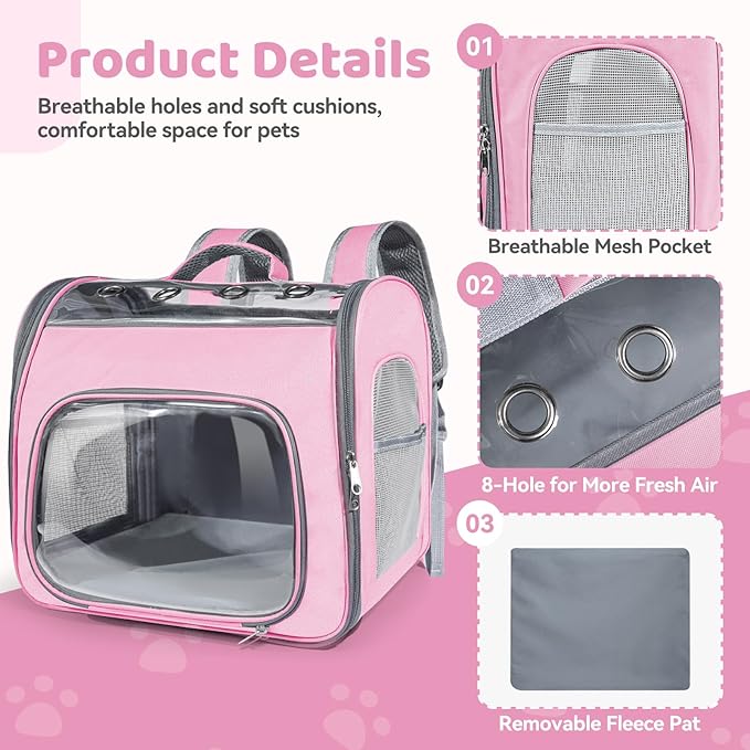 Cat Soft-Sided Carrier Backpack, Breathable Mesh Foldable Pet Travel Carrier with Reinforced Support, Portable Puppy Carrying for Kitty Up to 15lbs (Pink)