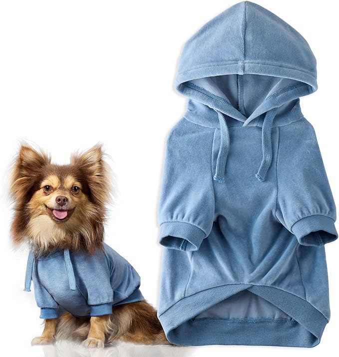 Pet Passion Cooper II Organic Cotton Velour Dog Hoodie Pet Coat for Small, Medium and Large Dogs, Faded Denim, XX-Small (4-7 lbs)