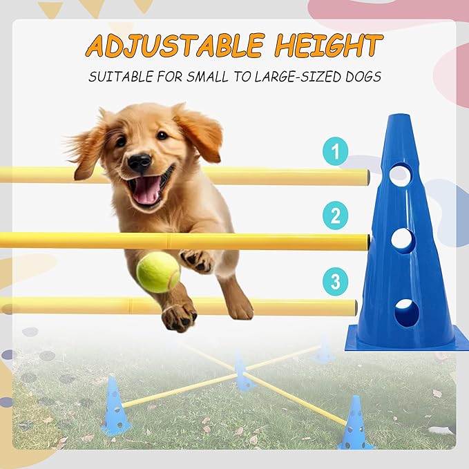Dog Agility Hurdle Cone Set, Dog Agility Backyard Set Include Height cossbar Agility Rods, Dog Agility Equipment for Rehabilitation & Beginners(Blue+Orange+Yellow)