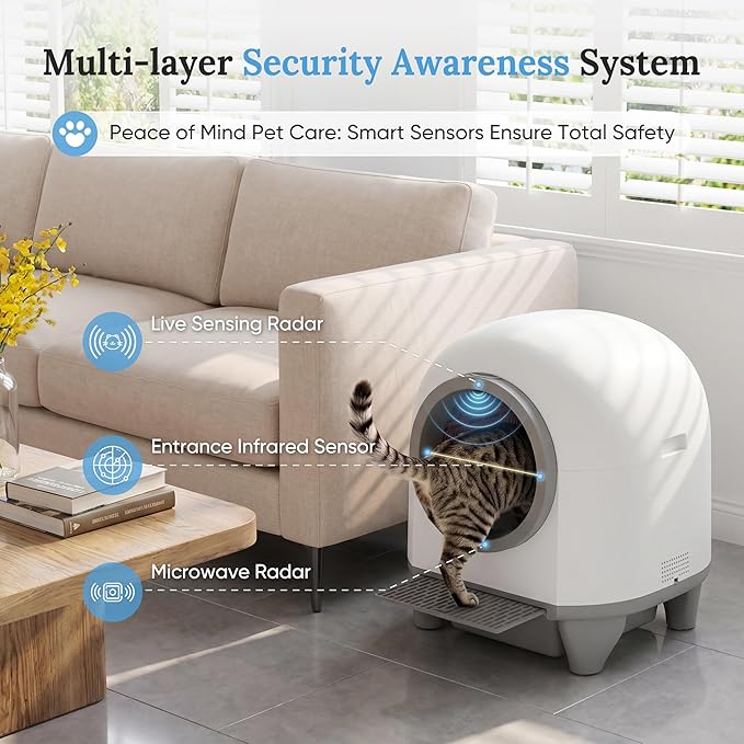 Greesum Smart Self-Cleaning Cat Litter Box, Fully Enclosed Automatic Litter Box with App Control, Safety Sensors& Large Capacity for Multi-Cat Homes, Includes Waste Bags & Mat