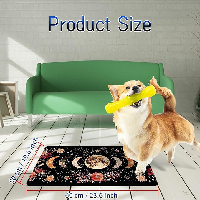 Dog Food Mat, 19.6" x 23.6" Absorbent Pet Feeding Mat for Food and Water, Waterproof Diatom Mud Pet Placemat with Non-Slip Rubber Backing, Cat Bowl Mat for Floors - Moon Flower Black