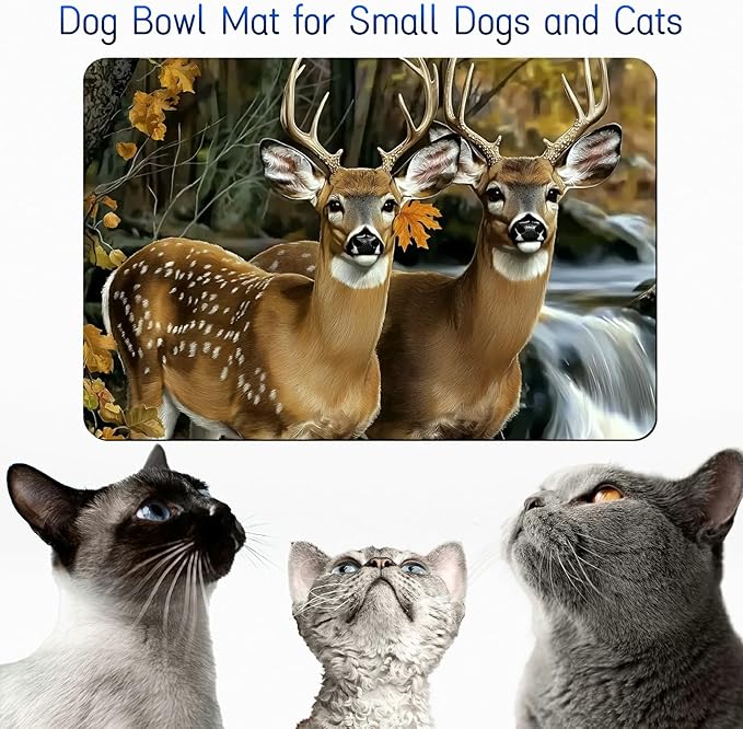 Dog Food Mat, 15.7" x 23.6" Absorbent Pet Feeding Mat for Food and Water, Waterproof Diatom Mud Pet Placemat with Non-Slip Rubber Backing, Easy Clean Cat Bowl Mat for Floors - Forest Deer