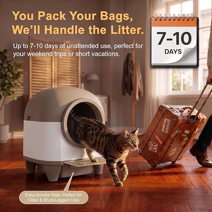 Greesum UltraSmart AutoClean Litter Box - 90L Large Capacity for Multi-Cat Households with Safeguard Tech, APP Control, Odor-Free Design & Mat/1 Roll Litter Bag