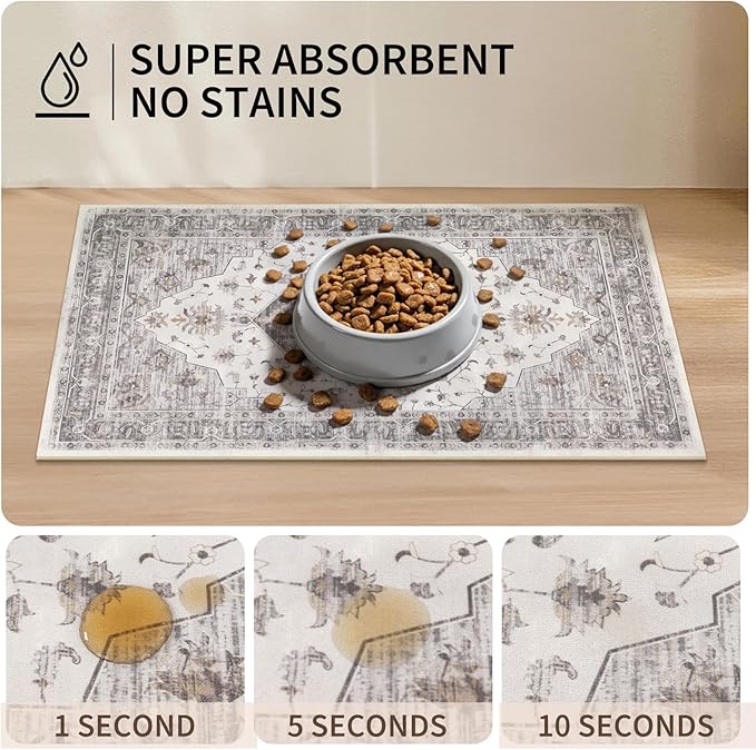 Boho Dog Feeding Mat, Absorbent Cat Matt for Food, Non Slip Pet Water Bowl Placemat Small for Floor, Beige & Charcoal & Brown Indoor Dog Eating Dish Mat 12"x20"