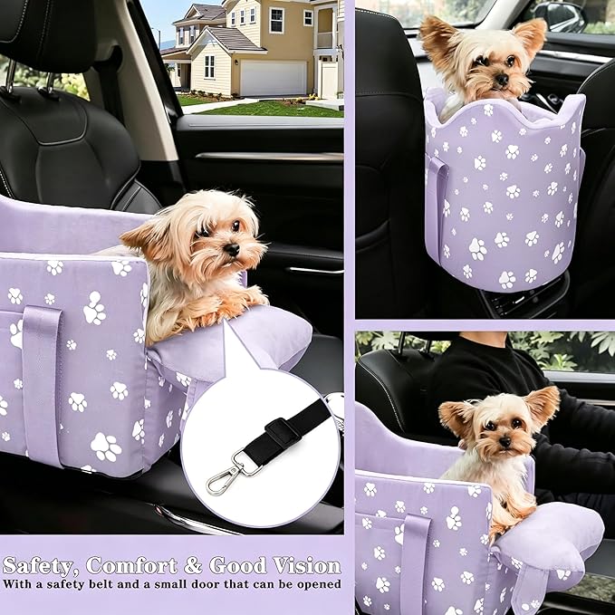 Center Console Dog Car Seat Safe Travel for Small Dogs Under 15 lbs Detachable Washable Pet Carrier with Storage Pockets & Safety Leash (Purple)