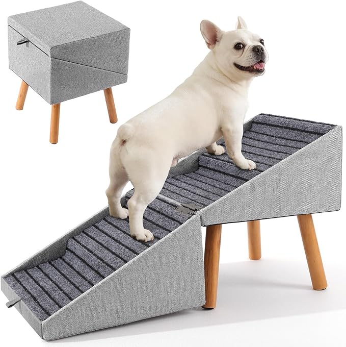 17.13" H Split Ottoman Dog Ramp for Couch and Bed, Non Slip Dog Stairs for Small Medium Large Dogs Cats Puppy, Joint Support 2 in 1 Foldable Wooden Pet Steps for Senior/Injured Dogs, Space Saving