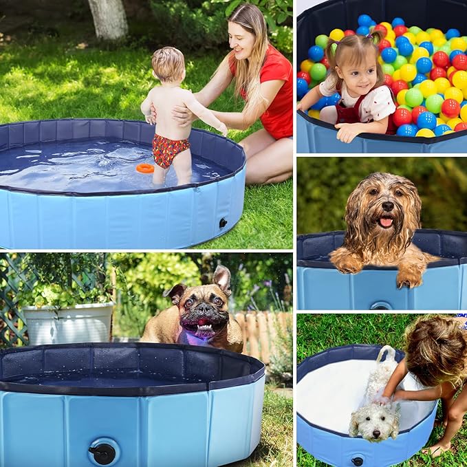 Eooqi Foldable Dog Pool, Portable Pet Bath Tub and Kiddie Swimming Pool, Collapsible Bathtub for Puppies, Small, Medium and Large Dogs, Cats and Kids, 79 x 12 in, Blue