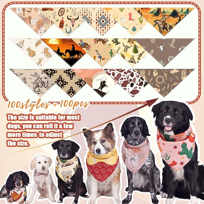 Huhumy 100 Pcs Cowboy Dog Bandanas Bulk Pet Bibs Colorful Triangle Scarf Western Pet Bandanas for Medium Large Dogs Western Cowboy Halloween Party Costume Decor