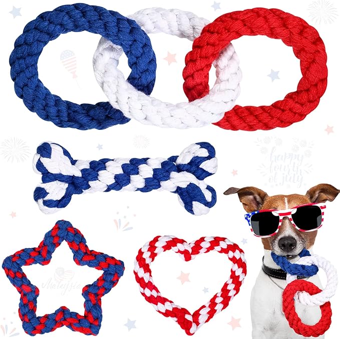 Sotiff 4 Pcs 4th of July Dog Rope Patriotic Pet Chew Toys Bone Star Heart Shape Durable Dog Toys for Small Breed Dogs Puppy Teething Independence Day Supplies, 4 Styles